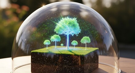 Discover a stunning miniature ecosystem with vibrant trees under a protective dome, symbolizing environmental protection and sustainable growth in our changing world
