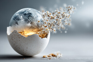 Cracked egg revealing a vibrant world with blossoming flowers and glowing light emerging