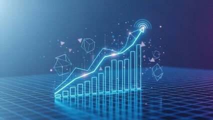 Colorful ascending charts and animated particles depict company expansion and investor progress
