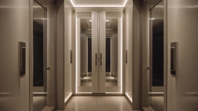 A refined dressing area with symmetrical wardrobe doors, satin finish panels, concealed lighting, and delicate reflections across surfaces.