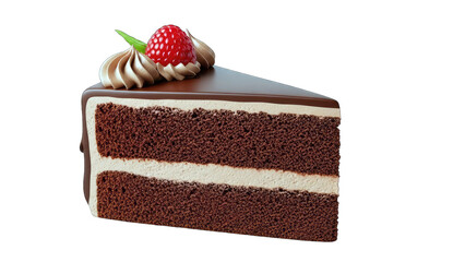 Chocolate Cake Slice with Raspberry and Cream on White