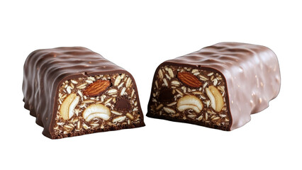 Chocolate Covered Granola Bar Cut Open on White