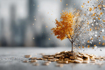 Tree transforming into coins, symbolizing wealth and prosperity in a surreal financial concept