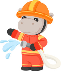 illustration cute hippo firefighter