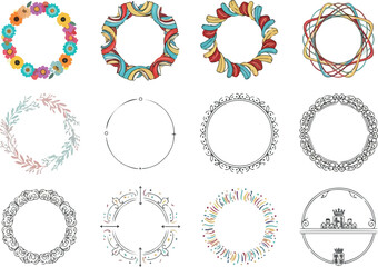 Set of Diverse Decorative Floral and Geometric Wreaths for Invitations and Design Projects