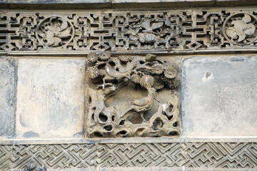 The exquisite brick carvings on the flower Theatre archway in Bozhou City, Anhui Province, China. The Flower Theatre was first built in the Qing Dynasty.