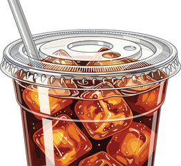 Vector illustration of an iced soda drink in a clear plastic cup with straw and ice cubes, perfect for beverage and menu designs.