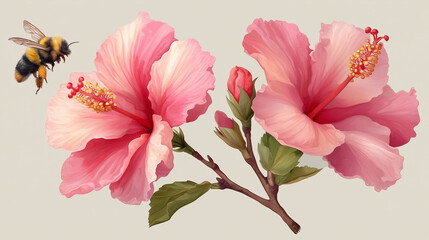bees fly to pink hibiscus flowers
