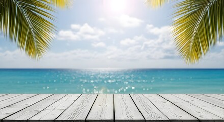 Tropical beach scene with palm trees and wooden deck