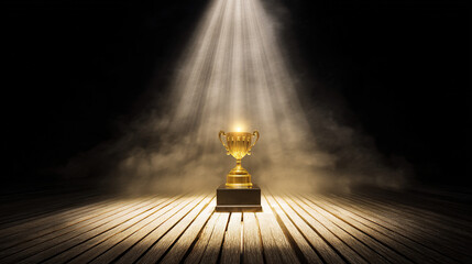 elite. A champion trophy shines under dramatic lighting, symbolizing achievement and pride. event key visuals, club posters, designed for sports event promotions and stadium branding.
