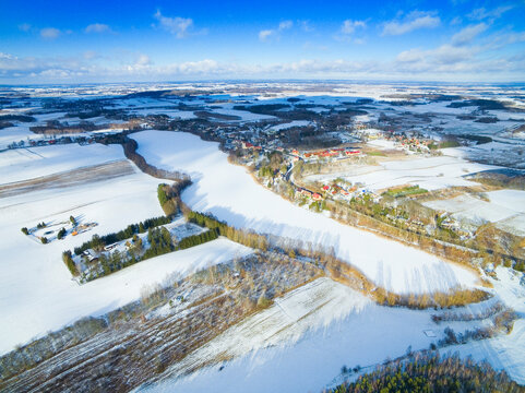 Aerial view of Masurian landscape in Milki, Poland