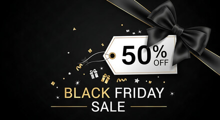 Black friday sale advertisement with 50% fifty percent off tag and black ribbon bow design