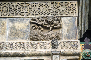 The exquisite brick carvings on the flower Theatre archway in Bozhou City, Anhui Province, China. The Flower Theatre was first built in the Qing Dynasty.