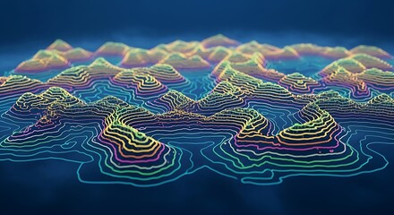 Explore abstract terrain with vibrant topographical lines against a serene blue backdrop, ideal for modern tech presentations and innovative design concepts