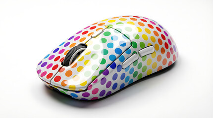 A stylish, ergonomic wireless computer mouse featuring a vivid array of multi-colored polka dots, providing a fun and modern input device for work or creative play