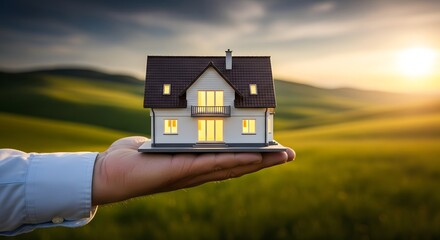 Hand holding miniature house against sunset landscape background