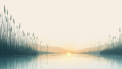 Modern minimal poetic illustration of tall reeds reflected in quiet wetland water with a warm amber highlight along the waterline, elegant balanced layout with open upper space for text for World Wetl