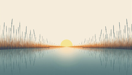 Modern minimal poetic illustration of tall reeds reflected in quiet wetland water with a warm amber highlight along the waterline, elegant balanced layout with open upper space for text for World Wetl
