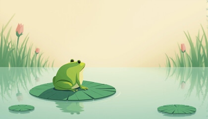 Minimal poetic illustration of a tiny green frog on a single lily leaf floating on still marsh water, soft drifting mist and wide open space for text, created for World Wetlands Day
