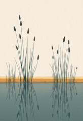 Modern minimal poetic illustration of tall reeds reflected in quiet wetland water with a warm amber highlight along the waterline, elegant balanced layout with open upper space for text for World Wetl