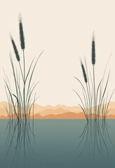 Modern minimal poetic illustration of tall reeds reflected in quiet wetland water with a warm amber highlight along the waterline, elegant balanced layout with open upper space for text for World Wetl