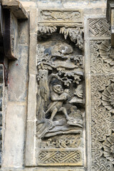 The exquisite brick carvings on the flower Theatre archway in Bozhou City, Anhui Province, China. The Flower Theatre was first built in the Qing Dynasty.