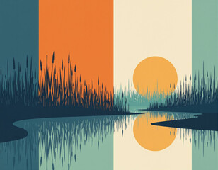 Modern vibrant minimal poster with tall wetland reeds crossing bold geometric color blocks and clean mirrored reflections, sharp contemporary shapes with open lower space for text