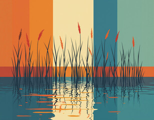 Modern vibrant minimal poster with tall wetland reeds crossing bold geometric color blocks and clean mirrored reflections, sharp contemporary shapes with open lower space for text