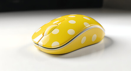 A stylish and vibrant yellow wireless computer mouse featuring a playful white polka dot pattern, isolated on a clean white background