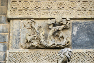 The exquisite brick carvings on the flower Theatre archway in Bozhou City, Anhui Province, China. The Flower Theatre was first built in the Qing Dynasty.