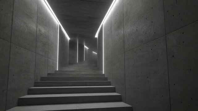 A stairwell vertical space with concrete wall texture, linear wall lighting, soft tread illumination, and shadow rhythm shaping depth.