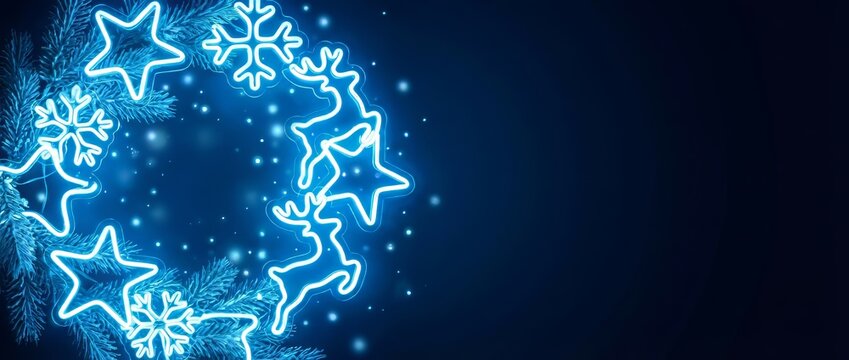 Neon Christmas Wreath with Stars, Snowflakes and Reindeer on Dark Blue Background