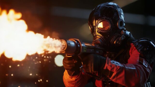 Video A person wearing a gas mask holds a gun, ready for action