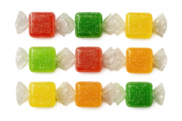Colorful square candies in clear wrappers, offering sweet treat variety with a transparent background