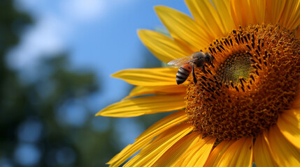 bee perched on a sunflower in morning