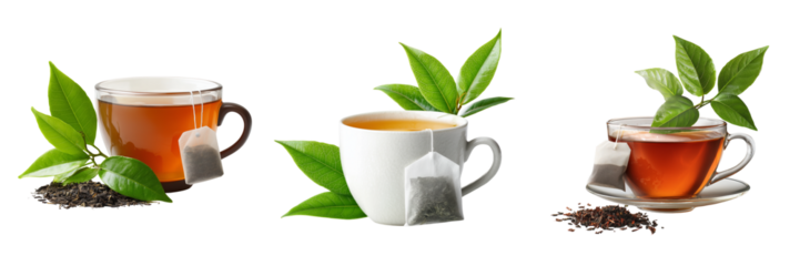 Set of Minimalist composition of a white cup of herbal tea, tea bag placed nearby transparent png background. Ai generated