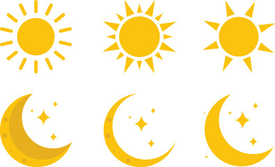 Collection of stylized suns and crescent moons with stars
