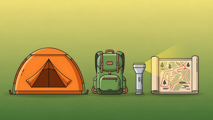Essential Camping Equipment Tent, Backpack, Flashlight, and Map Illustration