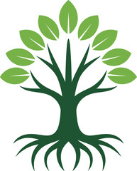 Stylized Single Green Tree Vector with Prominent Roots, Leaves, and Textured Bark