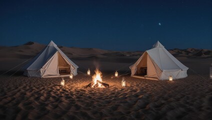 Cozy campfire between two glamping tents on a sandy beach at night.