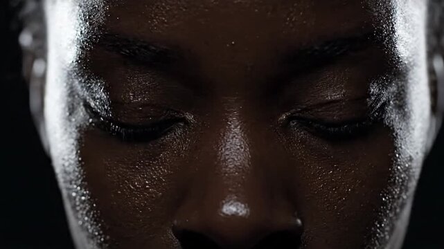 A powerful close-up portrait of a strong and determined Black woman, her face showing focus, intensity, and resilience