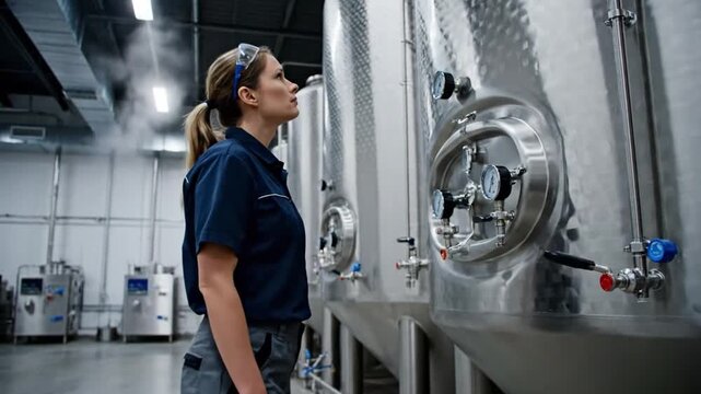 Female brewmaster inspects stainless steel tanks in a modern brewery