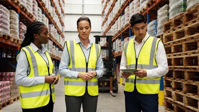 Warehouse manager trains new employees in effective operations at logistics facility