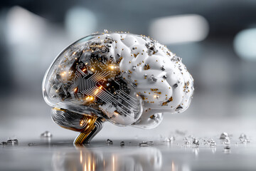 Futuristic brain illustration with circuitry and glowing elements representing technology and innovation
