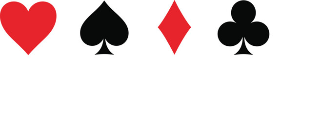 Vector illustration of classic playing card suit symbols including heart, spade, diamond, and club, perfect for casino and game designs.