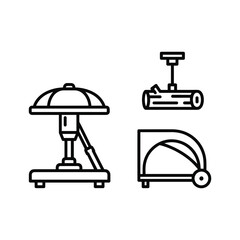 Industrial and Wood Processing Machinery Icons Set: Hydraulic Press, Suspended Log, and Log Splitter