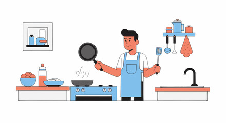 Man Cooking Breakfast in a Bright Home Kitchen