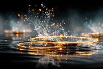 Water splash creating ripples with glowing circles in a dark atmospheric environment