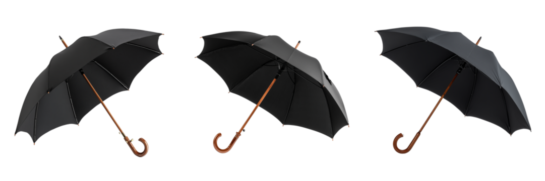 Set of Multiple black umbrellas neatly arranged transparent png background. Ai generated - Powered by Adobe