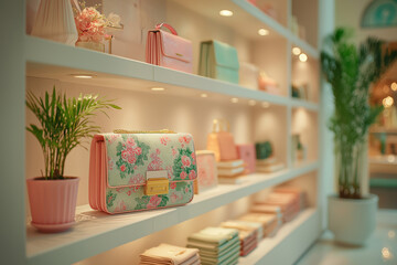 Vitrine de magasin moderne exposant des accessoires de mode sur des &eacute;tag&egrave;res &eacute;clair&eacute;es, concept de shopping, commerce de d&eacute;tail et pr&eacute;sentation de produits de luxe